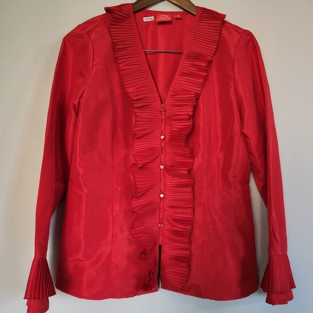 Oscar de La Renta Red Pleated Button Up Blouse Size 10 - Picture 8 of 8